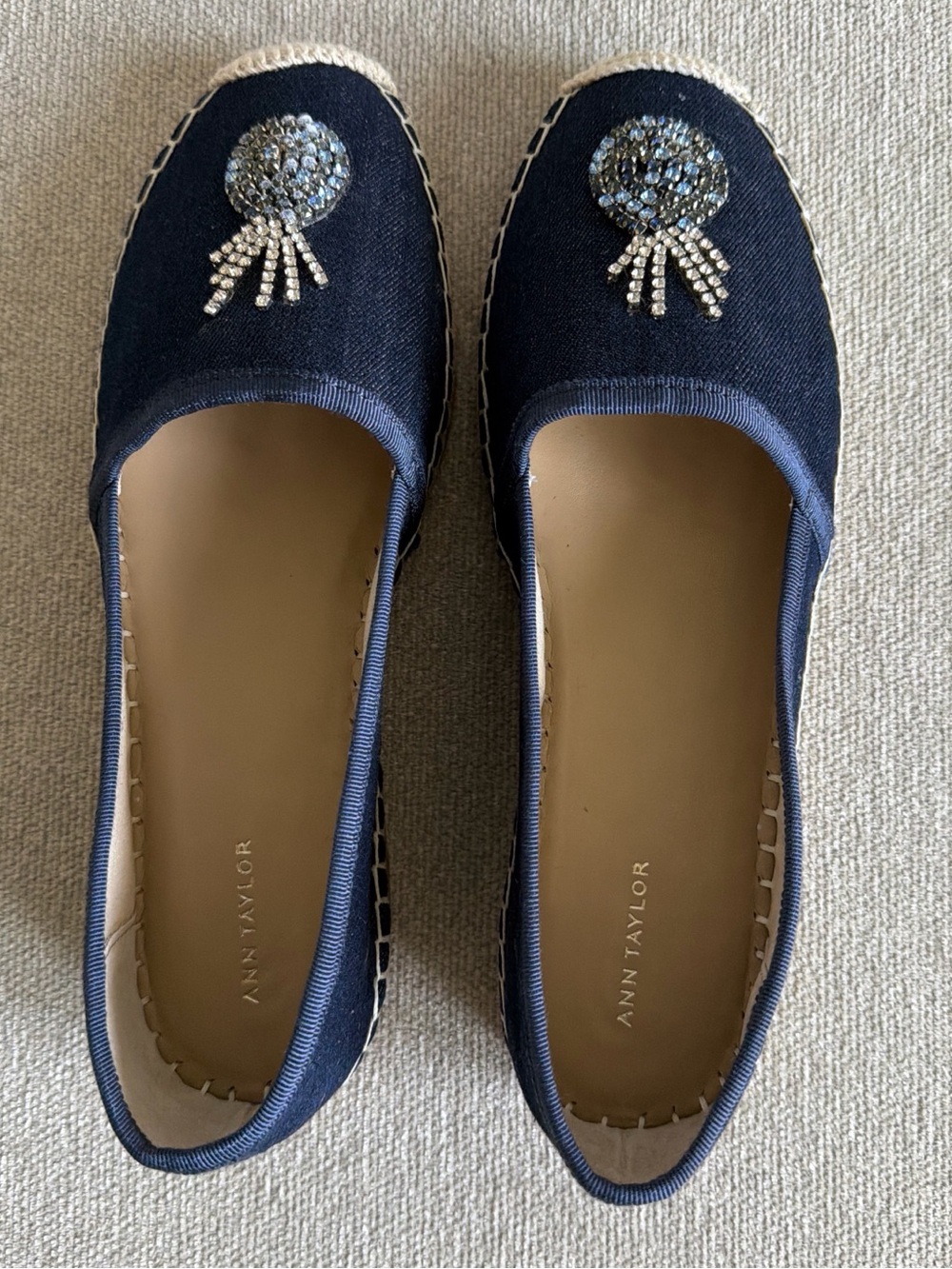 Ann Taylor Navy Espadrille Flats with Crystal Medallion